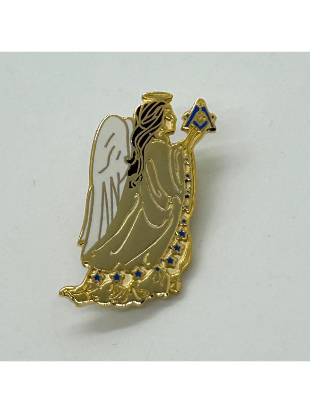 Free Mason Pin Angel Holding Square & Compass Masonic Gold-tone and Enamel